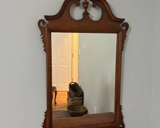 H25 - $145. Three-piece Vanity Set. Mirror Measures 26“ W x 44” Tall. Vanity measures 45” W x 20” D x 30” Tall. Stool measures 32” W x 13.5” D x 17“ Tall.