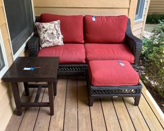 H10 - $100. 3 Piece Hampton Bay Deck Set. Love Seat Measures 61” W x 32” D x floor to seat 11.5 without cushion x floor to back 30” Tall. Ottoman Measures 28” W x 18.5” D x 11” tall without cushion. Table Measures 19” W x 19” D x 20” Tall.
