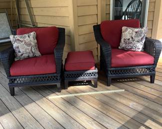 H8 - $100. Hampton Bay Three-piece Set. 2 Arm Chairs. Each measures 32” W x 32” D x floor to seat without cushion 11“ x floor to back 31” Tall. One ottoman measures 24“ W x 19” D x 11” Tall. (without the cushion)