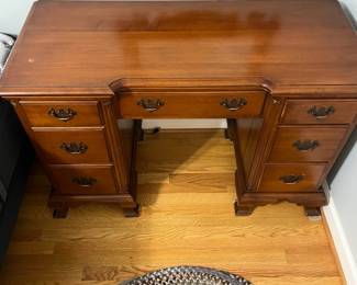 H25 - $145. Three-piece Vanity Set. Mirror Measures 26“ W x 44” Tall. Vanity measures 45” W x 20” D x 30” Tall. Stool measures 32” W x 13.5” D x 17“ Tall.