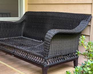 H10 - $100. 3 Piece Hampton Bay Deck Set. Love Seat Measures 61” W x 32” D x floor to seat 11.5 without cushion x floor to back 30” Tall. Ottoman Measures 28” W x 18.5” D x 11” tall without cushion. Table Measures 19” W x 19” D x 20” Tall.