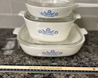 H71 - $35. 3 Piece Set Corning Ware - Blue Cornflower with Glass Lids.