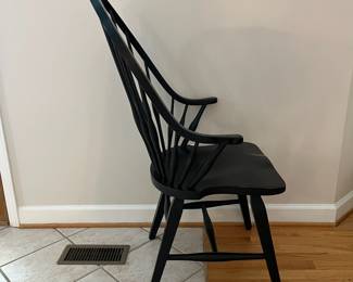 H54 - $600. Set of 8 Slovenian Dining Chairs - Wooden & Sturdy. 2 Arm Chairs. Each measures 23” W x 18” D x floor to seat 18” x floor to back 43” Tall. 6 Regular Chairs. Each measures 20” W x 18“ D x floor to seat 17” x floor to back 43” Tall.