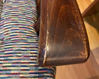 H38 - $75. Wooden Rocking Chair with Metal Accent. Measures 26.5” W x 36” D x floor to seat 18” x floor to back 44” Tall. Sturdy and very good condition.