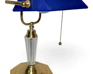 Bankers Lamp w Cobalt Blue Ribbed Glass Shade