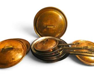 6 Hammered Copper Pans With Brass Handles Lids