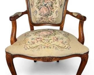 Vintage Louis XV Style Upholstered Carved Wooden Armchair
