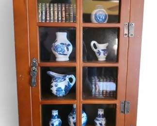 Miniature Curio Cabinet with Blue White Porcelain Trinkets