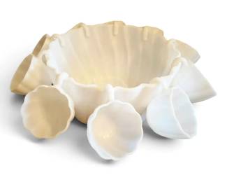 HazelAtlas Alpine White Swirl Milk Glass Punch Bowl w 11 Cups