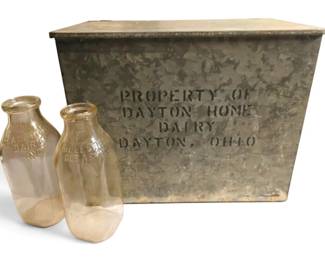 Dayton Home Dairy Galvanized Steel Milk Box Glass Milk Bottles