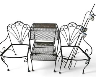 2 Black Metal Outdoor Chairs, Side Tables Shepards Hooks