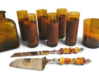 6 Vintage Amber Glass Highball Glass With Tolled Leather Sleeves, Bottles Cake Server Set