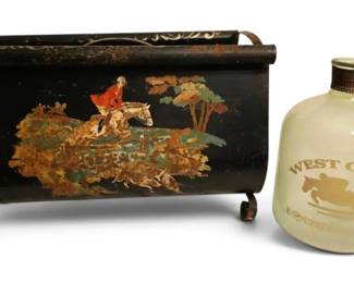 Vintage Metal Hand Painted Fox Hunt Magazine Rack With Equestrian Bottle Vase