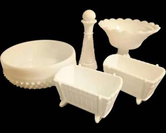 Indiana Milk Glass Cradle Planters, Candy Dishes, Cruet