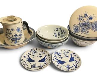 Blue White Lidded Trinket Dish, Coffee Pot, Bowls
