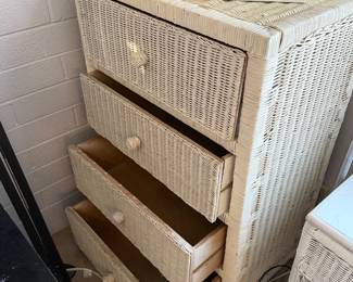 vintage white woven wicker four-drawer vertical chest