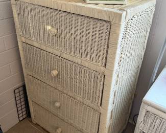 vintage white woven wicker four-drawer vertical chest