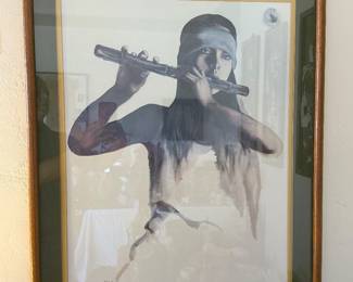 vintage 1975 signed lithograph print titled "Morning" by the collaborative artist duo PoPo and Ruby Lee, depicting a Native American woman playing a flute