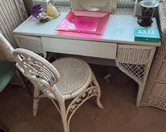 vintage white wicker vanity desk and matching chair