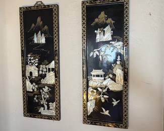4 Vintage Asian Oriental Mother of Pearl Black Lacquer Wall Art Plaque Panels