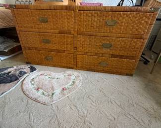 vintage woven rattan-wrapped 6-drawer campaign chest
