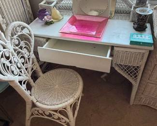 vintage white wicker vanity desk and matching chair