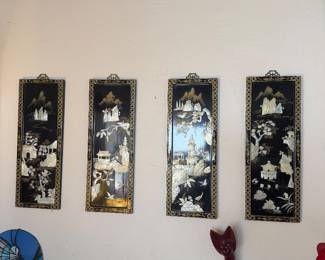 4 Vintage Asian Oriental Mother of Pearl Black Lacquer Wall Art Plaque Panels