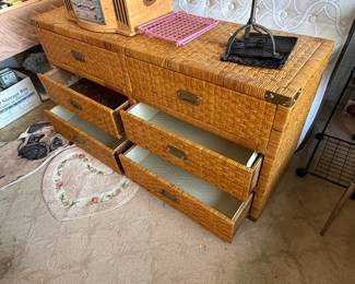 vintage woven rattan-wrapped 6-drawer campaign chest