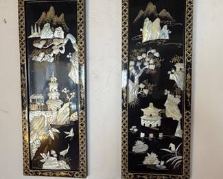 4 Vintage Asian Oriental Mother of Pearl Black Lacquer Wall Art Plaque Panels