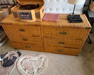 vintage woven rattan-wrapped 6-drawer campaign chest