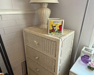 vintage white woven wicker four-drawer vertical chest