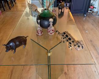 Modern All Glass Dining Table V Double Pedestal Base Style
