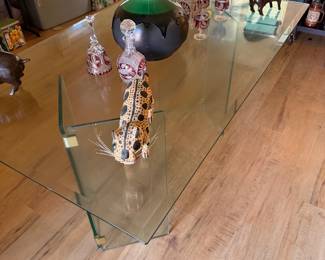 Modern All Glass Dining Table V Double Pedestal Base Style