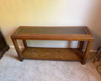 Vintage Mid Century Modern Wood Sofa Console Table with Glass Cane Top