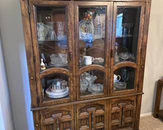 Vintage Spanish Revival Solid Oak China Cabinet Hutch