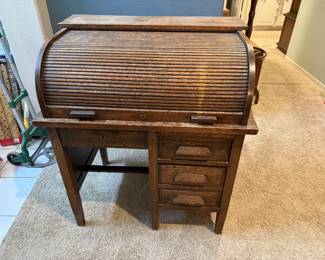Vintage Child's Solid Oak Roll Top Desk - Classic Antique Style