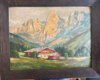 Original Cabin Decor Alpine Landscape Oil Painting J. Lindner