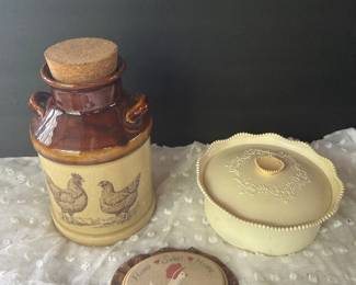 stoneware ceramic milk can-style jar with a cork lid, Avon container 