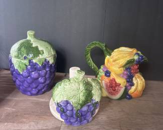 Ceramic grape litter jar, paper towel, roll and mixed fruit pitcher