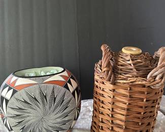 Native American Pottery and wicker jug