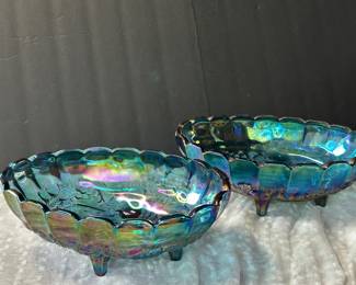 Indiana Glass blue iridescent carnival glass footed oval bowls