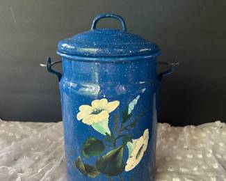 Blue speckled enamelware milk/cream can or pail with a lid, side handles, and a hand-painted floral design
