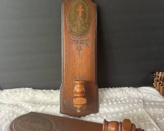 wooden wall sconce candle holders with Metal Cross detailing 