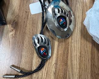 Native bear claw bolo tie and belt buckle 
