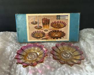 pair of vintage Federal Glass Celestial Gem-Tone iridescent carnival glass candle holders with their original box.