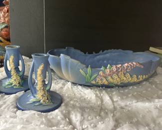 vintage Roseville Pottery art pottery in the blue Foxglove pattern from the 1940s, bowl and candle sticks