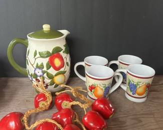 Ceramic fruit, pitcher, and mugs and ceramic apples