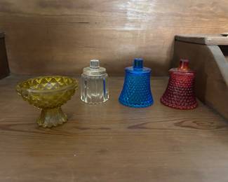 vintage red/blue hobnail glass peg votive candle holder and vintage amber glass pedestal