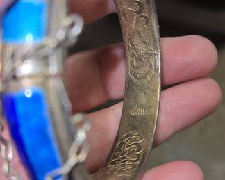 Antique Chinese Export Silver and Blue Enamel Hinged Bangle Bracelet