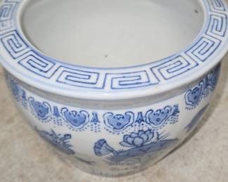 Chinese Blue and White Porcelain Fishbowl Planter with Greek Key Rim